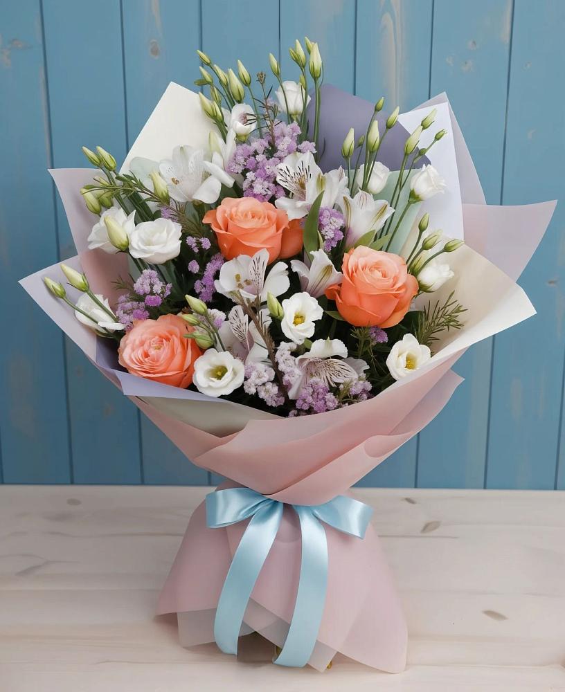 Букет цветов из: Лизиантусы, Розы, Альстромерии и Гипсофила в Балабаново