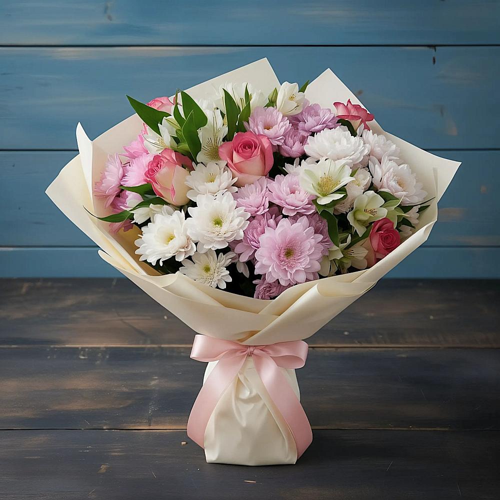 Букет цветов из: Хризантемы, Альстромерии и Розы в Балабаново